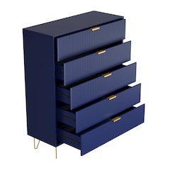 5-Drawer Chest in MDF Wood with Gold Metal Legs in Blue Color