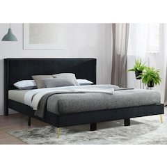 Solid Wood Platform Bed with Corduroy Upholstery and Gold Metal Legs