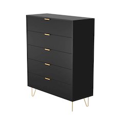 5-Drawer Chest in MDF Wood with Gold Metal Legs and Handles. (Black)