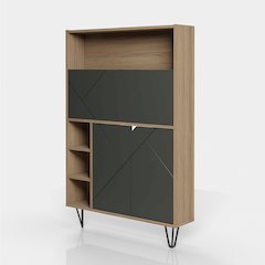 Slim Bar Cabinet , Secretary Bookcase Desk With Storage, Nutmeg & Charcoal Grey