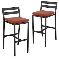 Modern Aluminum Outdoor Bar Chair in black with Orange Cushions - Set of 2