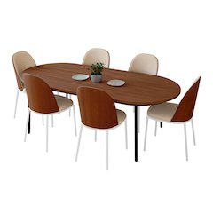Tule 7-Piece Dining Set in White Steel Frame Dining Table in Walnut/Light Brown