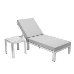 Outdoor Weathered Grey Chaise Lounge Chair With Side Table & Cushions