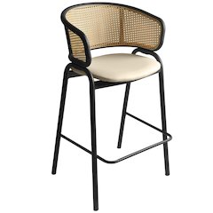 Ervilla Wicker Bar Stool with Fabric Seat and Black Steel Frame - Beige Leather