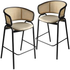 Wicker Bar Stool with Fabric Seat and Black Steel Frame Taupe Set of 2
