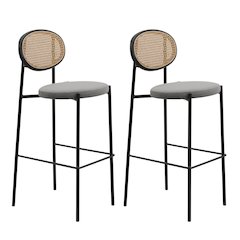 Euston Modern Wicker Bar Stool With Black Steel Frame, Set of 2 in Grey