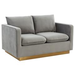 LeisureMod Nervo Modern Mid-Century Upholstered Velvet Loveseat with Gold Frame, Light Grey
