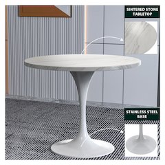 Verve Collection 36 Round Dining Table, White Base with Sintered Stone White Top
