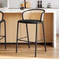 Ervilla Mid-Century Modern Wicker Bar Stool in Black