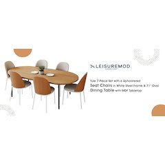 Tule 7-Piece Dining Set in White Steel Frame Dining Table in Natural Wood/Beige