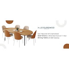 Tule 7-Piece Dining Set in White Steel Frame Dining Table in Natural Wood/Brown