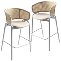 Wicker Bar Stool with Fabric Seat and White Steel Frame White leather Set of 2