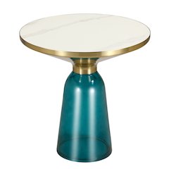 Tully Collection Glass side Table Blue glass, Gold Rim white sintered stone top