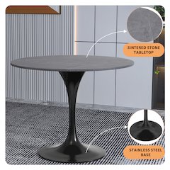 Verve Collection 36 Round Dining Table, Black Base with Sintered Stone Grey Top
