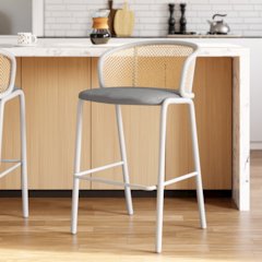 Ervilla Mid-Century Modern Wicker Bar Stool in Grey