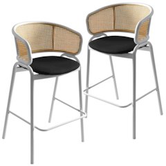 Wicker Bar Stool with Fabric Seat and White Steel Frame Black leather Set of 2