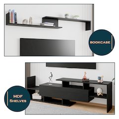 Surrey Modern TV Stand with MDF Shelves and Bookcase in Ebony
