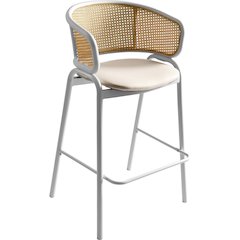 Ervilla Wicker Bar Stool with Fabric Seat and White Steel Frame - White leather