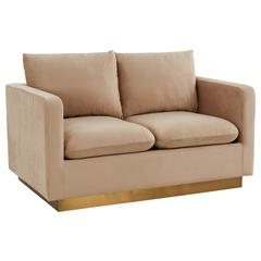 LeisureMod Nervo Modern Mid-Century Upholstered Velvet Loveseat with Gold Frame, Beige