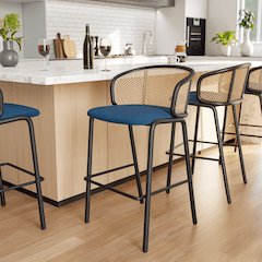 Ervilla Mid-Century Modern Wicker Bar Stool in Navy Blue
