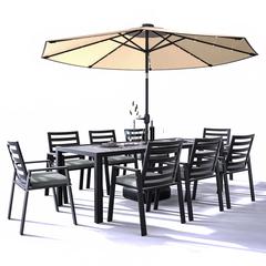 Aluminum Outdoor Dining Table 87 With 8 Chairs and Charcoal Black Cushions
