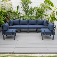 LeisureMod Chelsea 6-Piece Patio Sectional Black Aluminum With Cushions in Blue