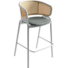 Ervilla Wicker Bar Stool with Fabric Seat and White Steel Frame - Grey leather