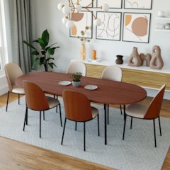 Tule Modern 83" Oval Dining Table with MDF Top and Black Steel Legs in Walnut