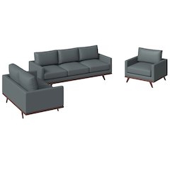 Chester 3-Piece Leather Living Room Sofa Set with Birch Wood Base Grey