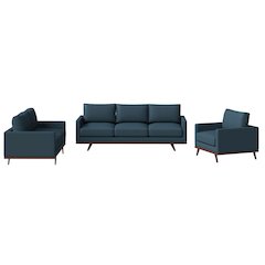 Chester 3-Piece Leather Living Room Sofa Set with Birch Wood Base Navy Blue