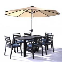 Chelsea Aluminum Outdoor Dining Table With 8 Chairs and Charcoal Blue Cushions