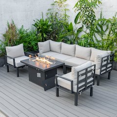 Chelsea 7-Piece Patio Sectional And Fire Pit Table Black Aluminum With Cushions