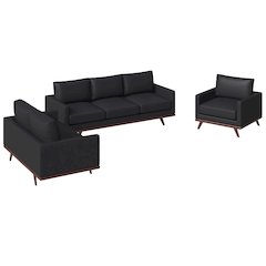 Chester 3-Piece Leather Living Room Sofa Set with Birch Wood Base Black