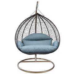 Recluse Collection Modern Outdoor Swing Chair Brown Frame Charcoal Blue Cushion