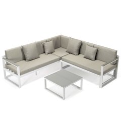 Chelsea White Sectional With Adjustable Headrest & Coffee Table With Cushions