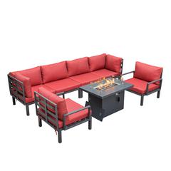 LeisureMod Hamilton 7-Piece Aluminum Patio Conversation Set With Fire Pit Table And Cushions Red