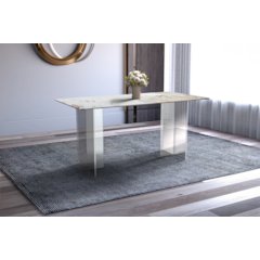 Kova Series Dining Table, Clear Base with 55" White Grey Sintered Stone Top