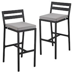 Modern Aluminum Outdoor Bar Chair in black with Light Grey Cushions - Set of 2