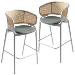 Wicker Bar Stool with Fabric Seat and White Steel Frame Grey leather Set of 2