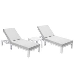 Outdoor White Chaise Lounge Chair Set of 2 With Side Table & Cushions
