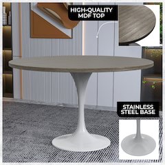 Verve Collection 48 Round Dining Table, White Base with Dark Maple MDF Top