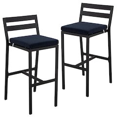 Modern Aluminum Outdoor Bar Chair in black with Blue Cushions - Set of 2