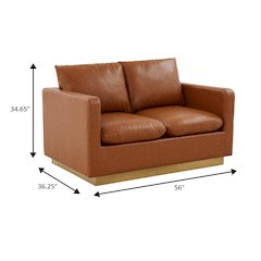 Nervo Modern Mid-Century Upholstered Leather Loveseat with Gold Frame