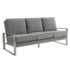 LeisureMod Jefferson Contemporary Modern Design Velvet Sofa With Silver Frame, Light Grey