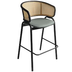 Ervilla Wicker Bar Stool with Fabric Seat and Black Steel Frame - Grey Leather