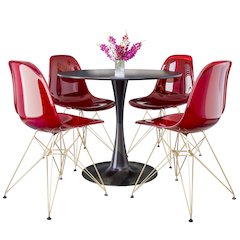 5-Piece Dining Set 35" Round Dining Table in Chrome - Transparent Red