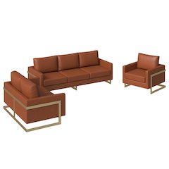 Lincoln 3-Piece Velvet Living Room Sofa Set With Gold Frame Cognac Tan