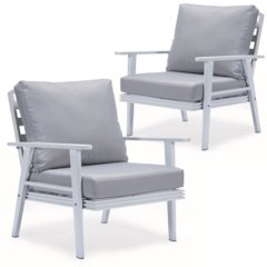 Walbrooke Outdoor Patio White Aluminum Armchairs With Cushions in Light Grey