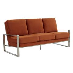 LeisureMod Jefferson Contemporary Modern Design Velvet Sofa With Silver Frame, Orange