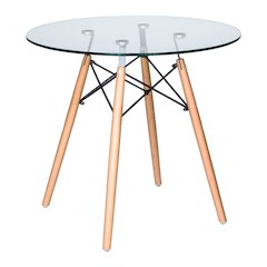 Dover Round Bistro Glass Top Dining Table W/ Natural Wood Eiffel Base